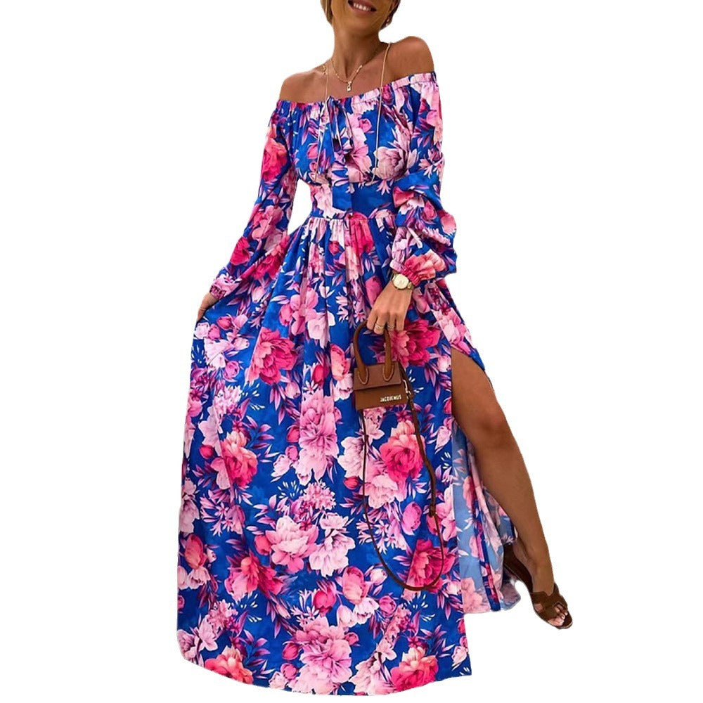 Dame Maxi-kjole med tropisk blomsterdesign og skulderfri design Stilla