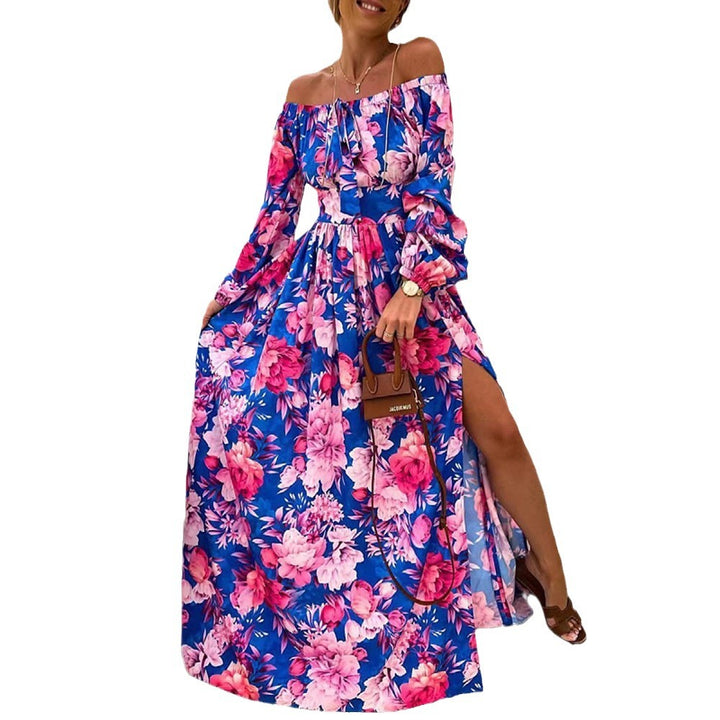 Dame Maxi-kjole med tropisk blomsterdesign og skulderfri design Stilla