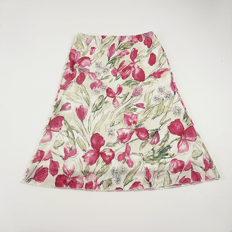 Dame elegant midikjole med blomster motiver og svingende snit Skovae