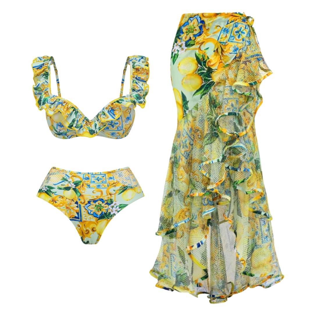 Dame bikinisæt med elegant ruflede design og maxi nederdel skovae