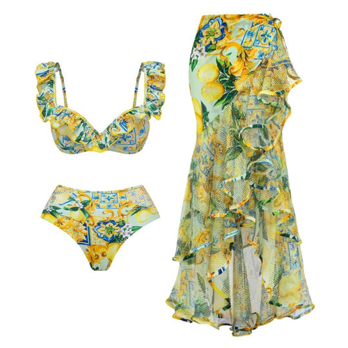 Dame bikinisæt med elegant ruflede design og maxi nederdel skovae