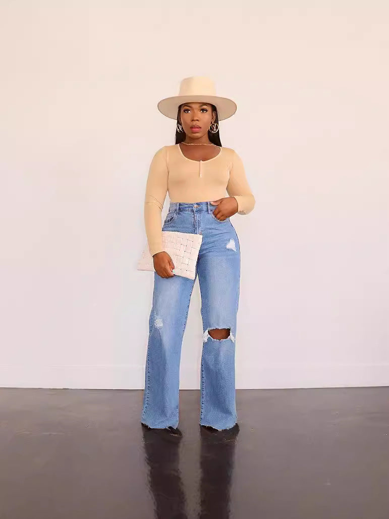 Dame højtaljede jeans i destroyed-look Stilla