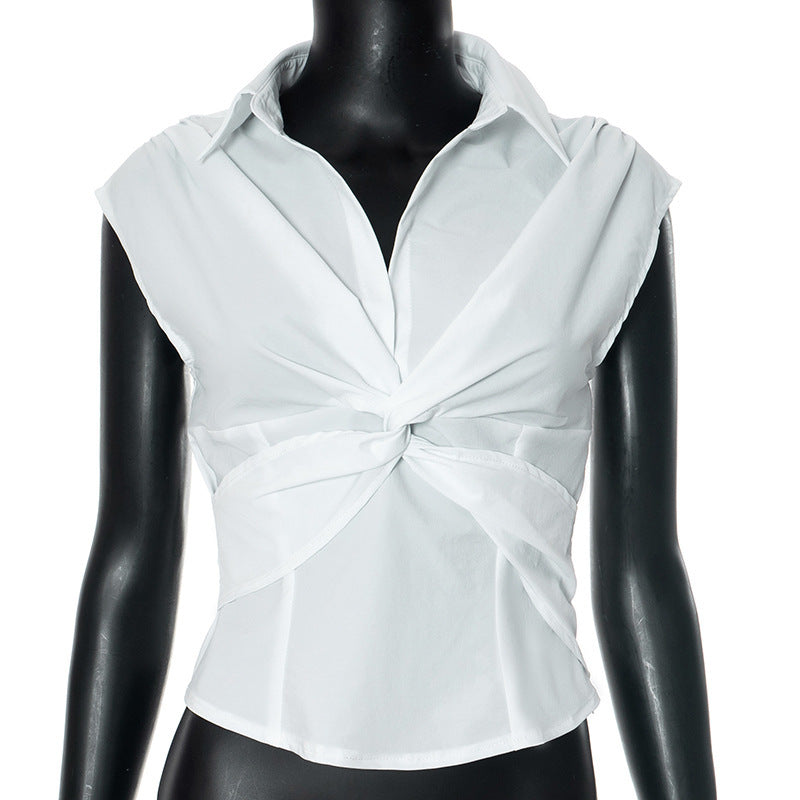 Dame elegant kortærmet bluse med knudeformet design Skovae