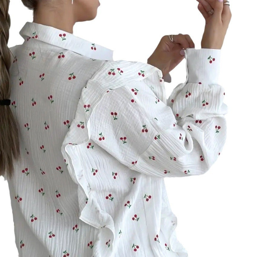 Dames bluse- og shorts-sæt med flæse detaljer og blomster mønster Stilla