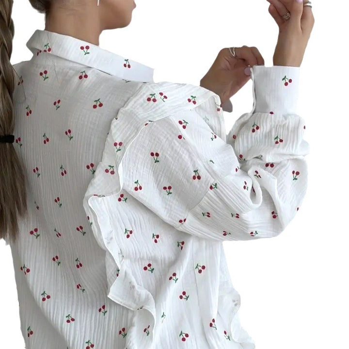 Dames bluse- og shorts-sæt med flæse detaljer og blomster mønster Stilla