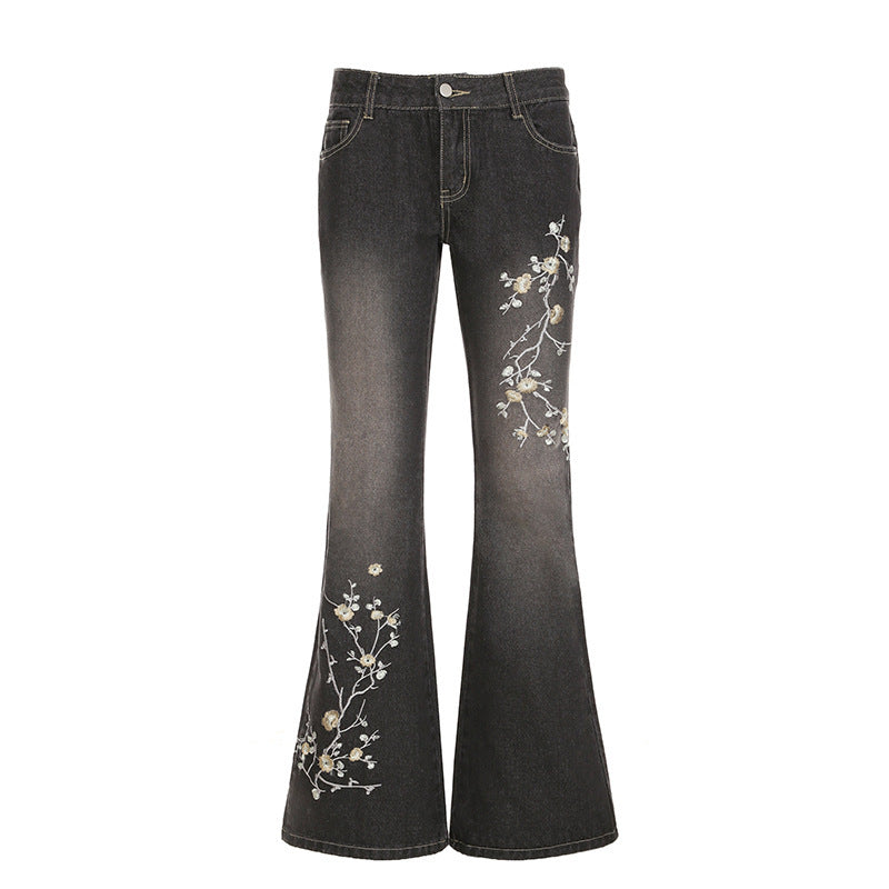 Dame Flared Jeans med blomsterbroderi og høj talje Skovae