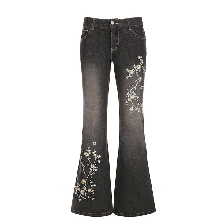 Dame Flared Jeans med blomsterbroderi og høj talje Skovae