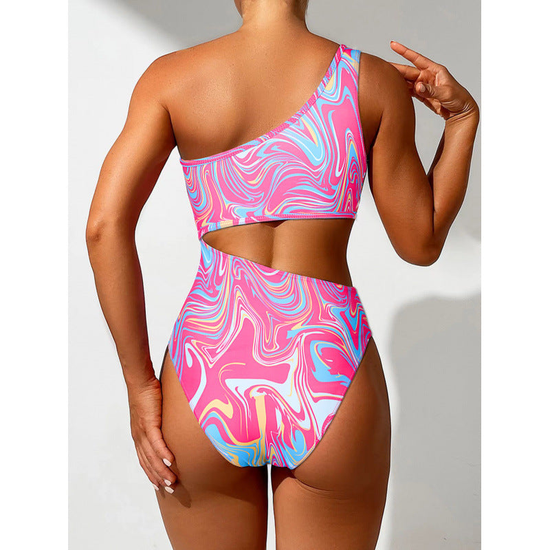 Dame One-Shoulder Bikini-sæt med farverigt mønster og høj benudskæring Skovae