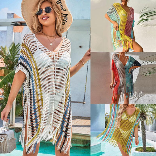 Dame luftig net-strandponcho med frynset accenter Stilla