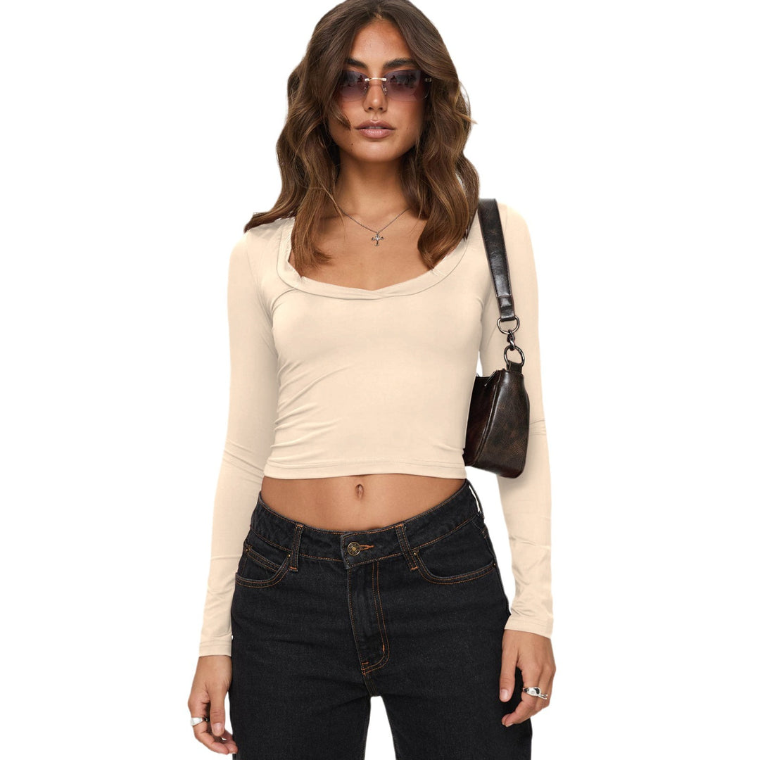 Dame Langærmet Crop-Top med dyb rund halsudskæring af blødt materiale Stilla