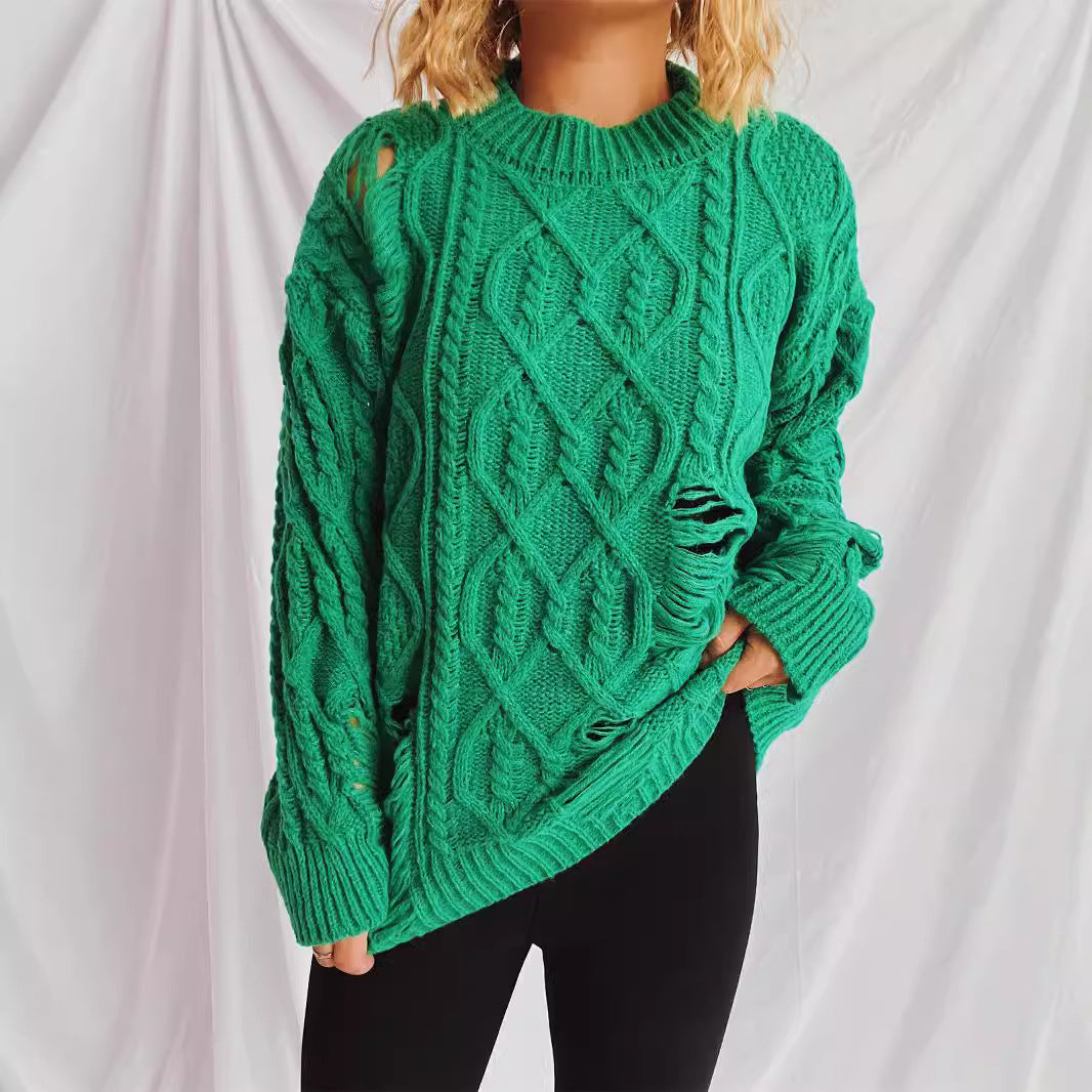 Dame casual oversized sweater med tekstureret kabelmønster og frynser Stilla