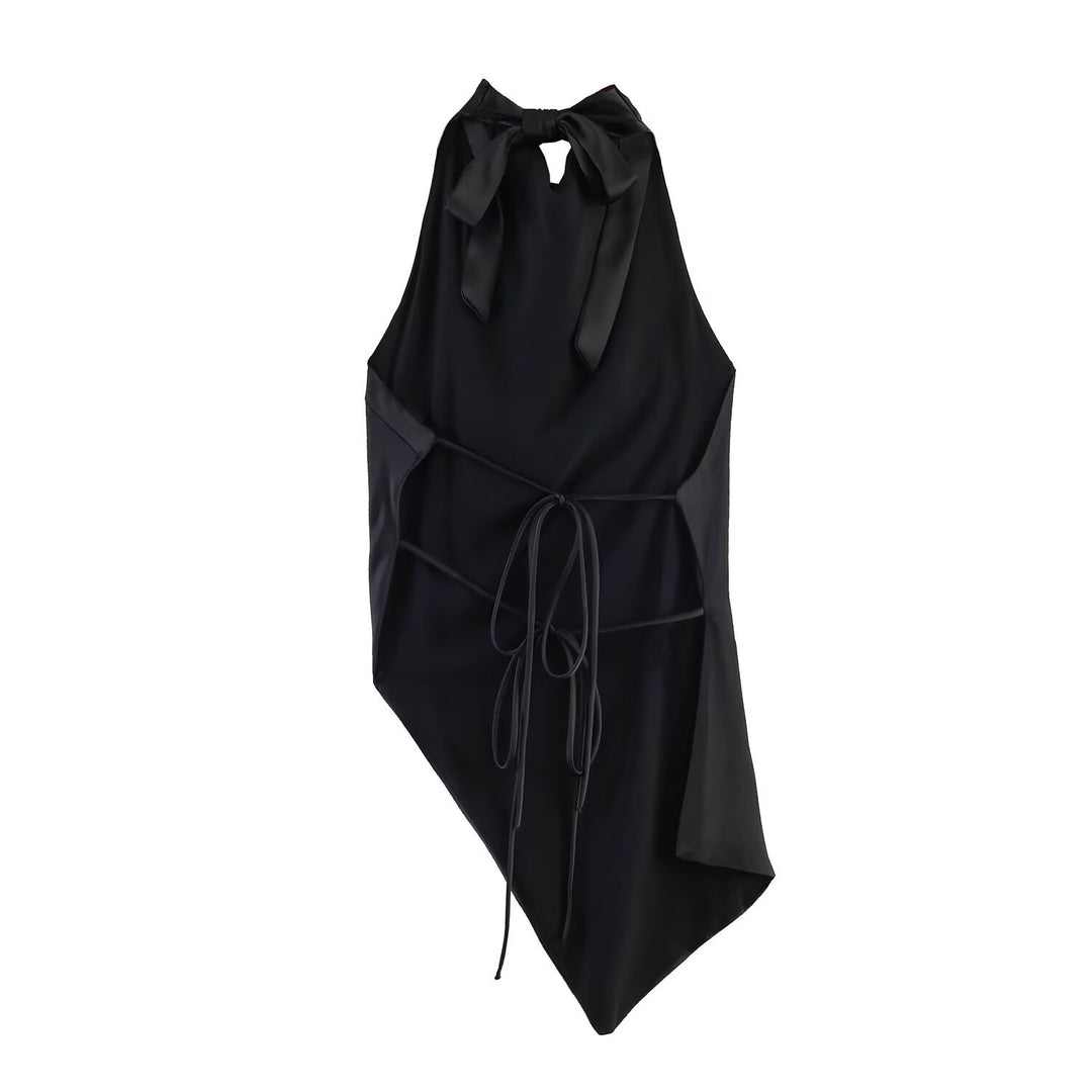 Dame elegant halterneck top med unik asymmetrisk skæring og dekorativ knude Skovae
