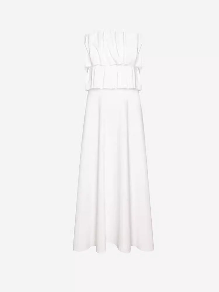 Dame elegant Maxi kjole med flæse detaljer og smart skulderudskæring Stilla