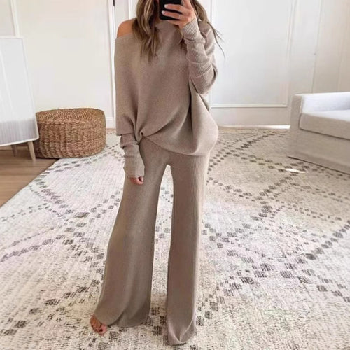Kvinders afslappede strik loungewear sæt med løstsiddende pasform og off-shoulder top Stilla