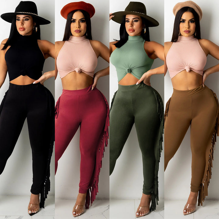 Dame Figurtilpassede High-Waist Leggings med frynser og elastisk talje Stilla