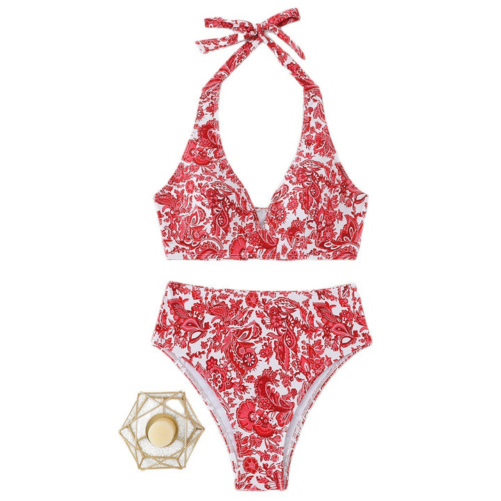 Dame Høj talje Bikini-sæt med blomsterdesign og legende halter top Skovae