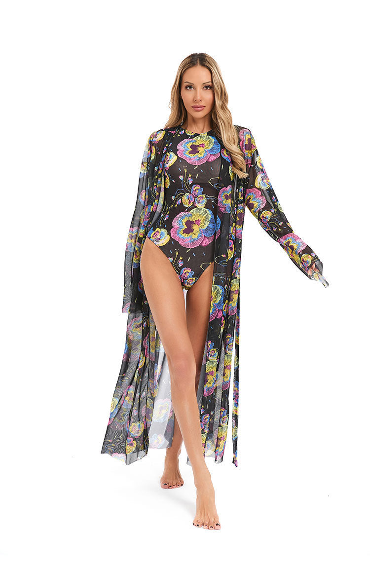 Dame elegant gennemsigtig strandkimono med blomsterdesign Skovae