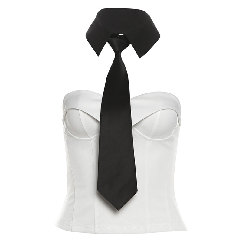 Dame Bustier-top med elegant krave- og slips-look Stilla
