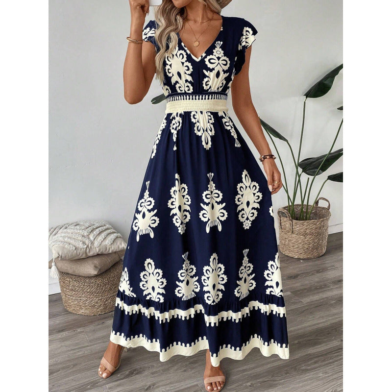 Damer Bohemian Floral Maxi Kjole med smocket talje Stilla
