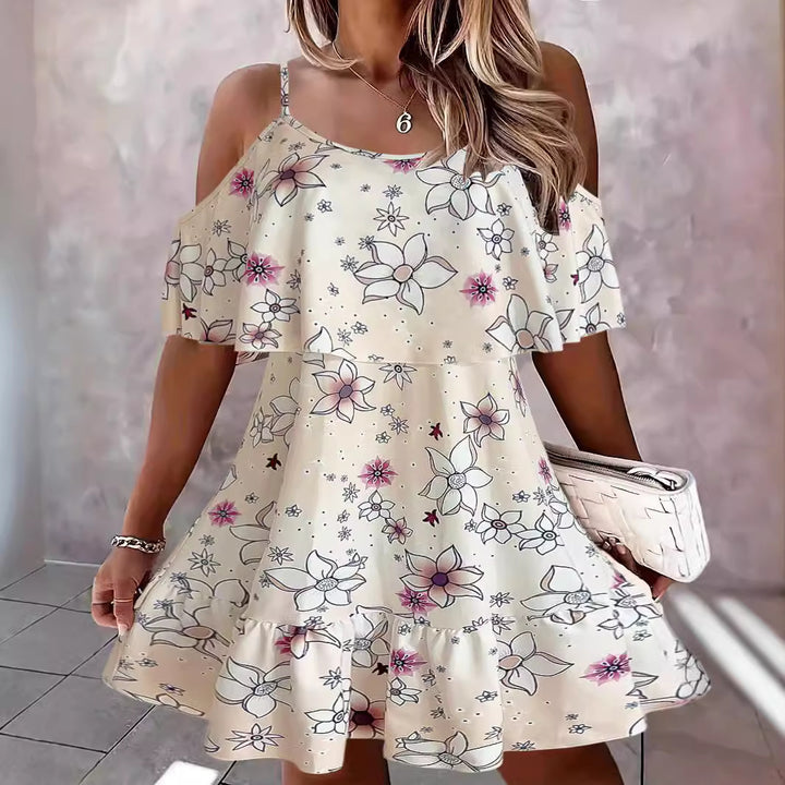Dame Floral Off-Shoulder Rüschen Mini Kjole Stilla