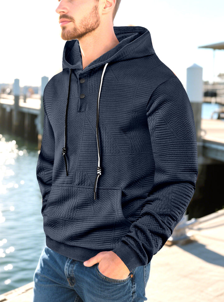 Herren nan geometrisk struktur-hoodie med Henley-blende og kængurulomme Skovae