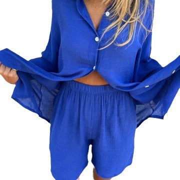 Dame Løs Bluse-Shorts-Sæt med Oversized Snit og Luftig Struktur Skovae