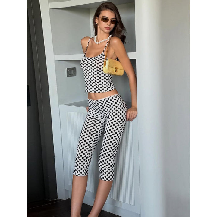 Damen modisches Polka-Dot-Outfit Set mit Crop-Top und knöchellangen Leggings Skovae