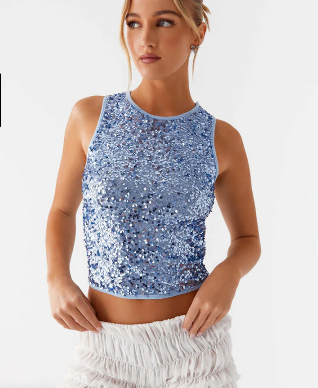 Kvinder Glitrende Crop Top med Høj Hals Design og Funklende Pailletter Skovae