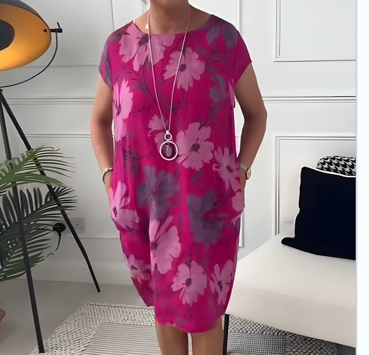 Dame nan let tunika-midi kjole lavet af linnedmix med akvarelblomsterprint og sidelommer Skovae