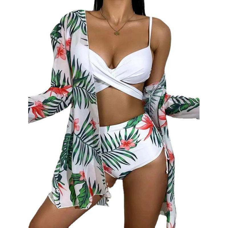 Dame bikini sæt med blomstret kimono og høj taljet bukser Skovae