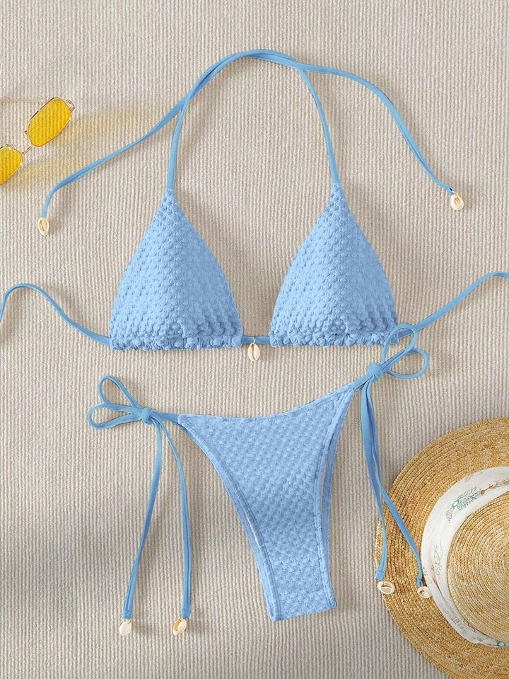 Dame Triangle-Bikini med struktureret materiale og fine bindebånd Skovae