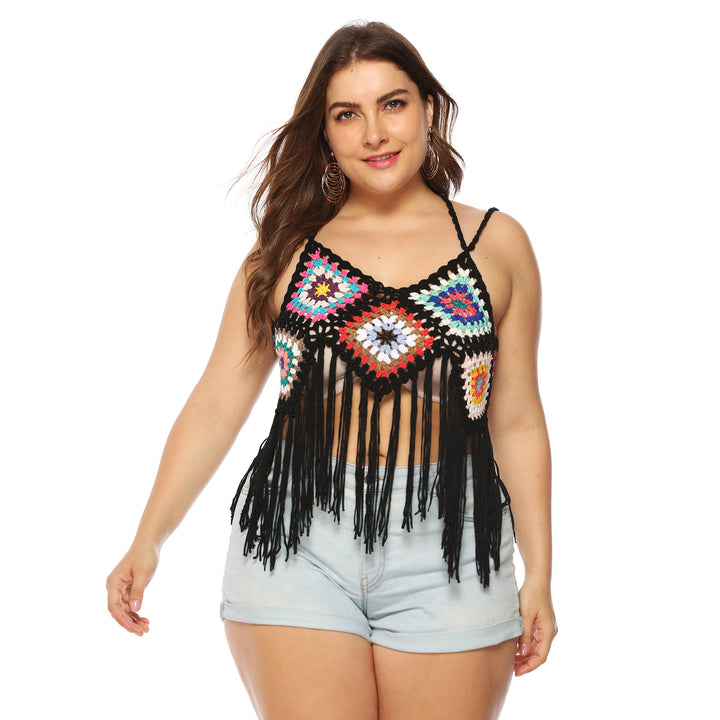Damer hæklet Crop-Top med farverigt frynse-design Skovae