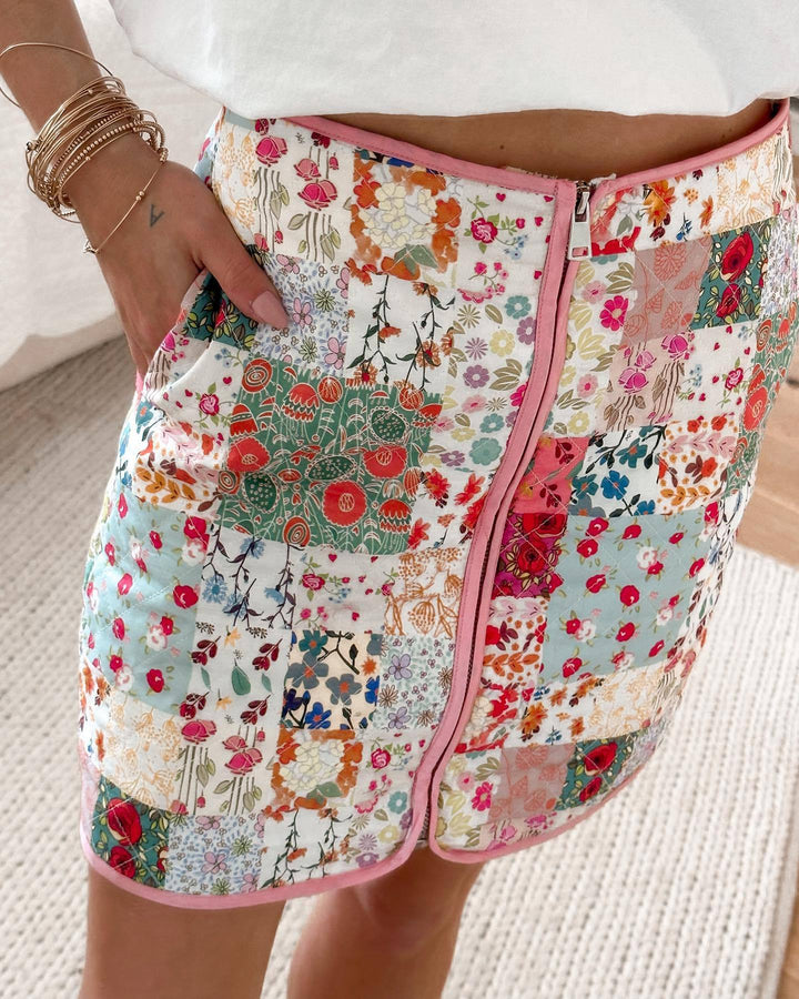 Dame Patchwork Nederdel med lynlås og sidelommer Skovae
