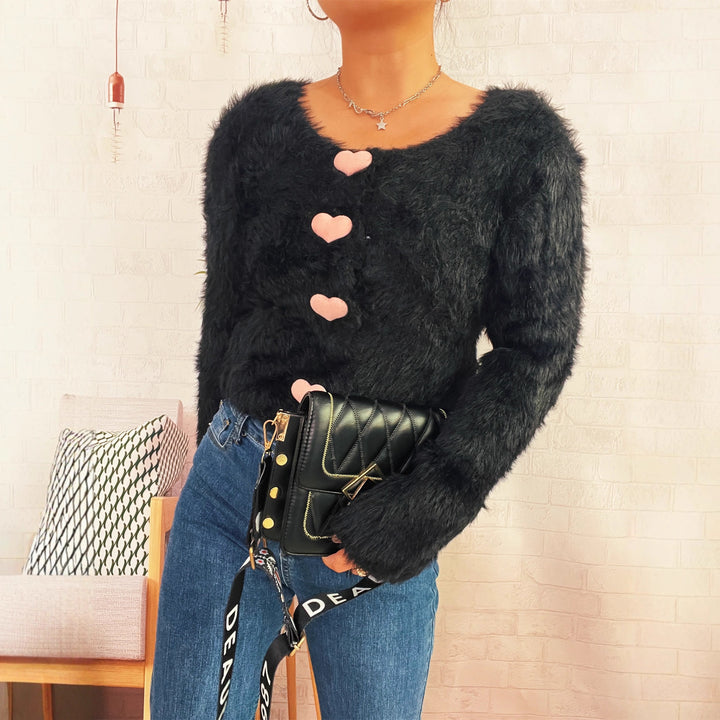Dame fluffy cardigan med hjerteknapper Stilla