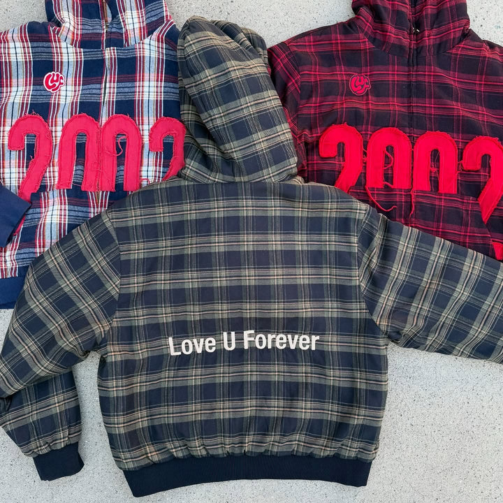 Unisex nan checkered hoodie with frayed year appliqué and ribbed cuffs Skovae