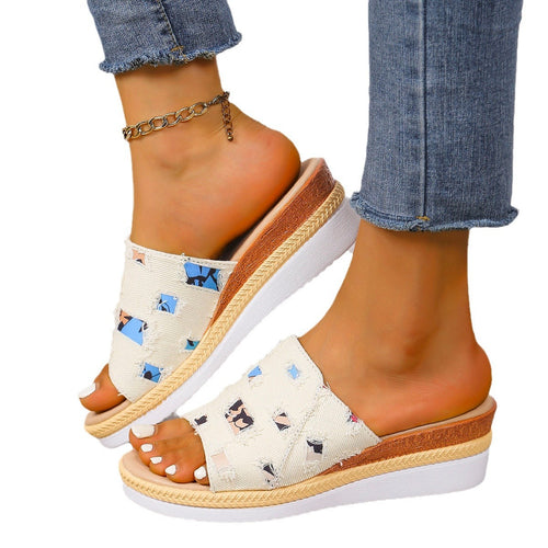Dame flip flops med stilfuldt denim-design og farverigt print Stilla