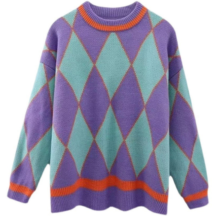 Kvinder's oversized strikket sweater med geometrisk mønster og farve kontraster Stilla