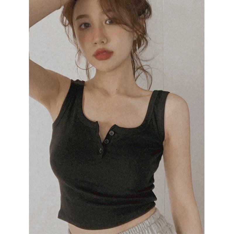 Femme Ribbede Knap-Front Forkortet Tanktop Stilla