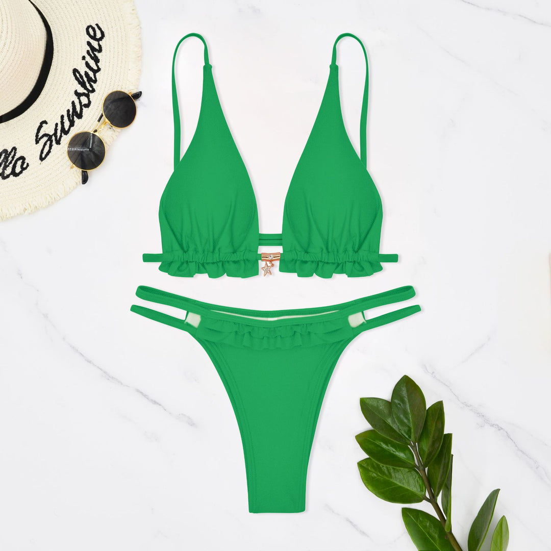 Dame To-delt Rynket Bikini-Sæt med justerbare stropper og gyldne accenter Stilla
