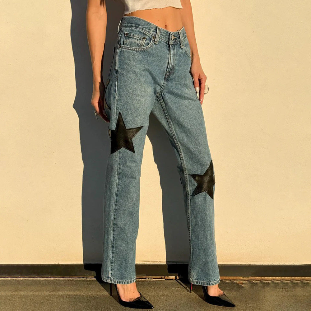 Kvindernes fashionable jeans med iøjnefaldende stjerneapplikationer Stilla