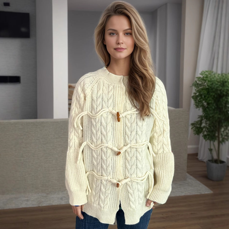 Women's chunky knit cardigan with unique drawstring and decorative wooden buttons Stilla