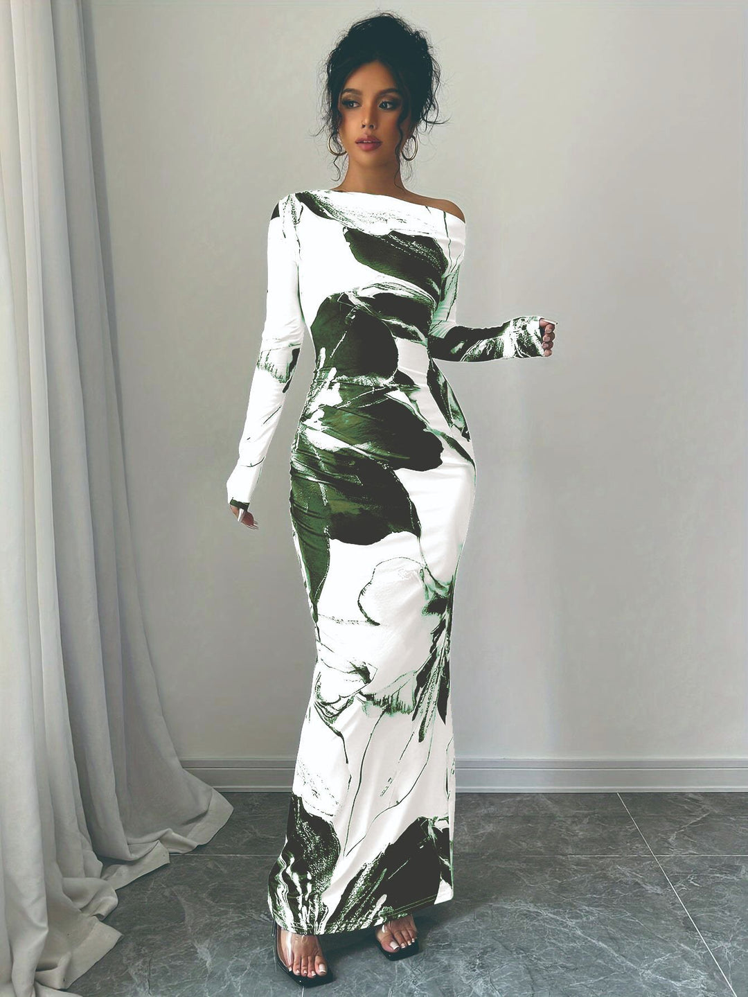 Dame Elegant Off-Shoulder Maxikjole med kunstnerisk blomsterdesign Stilla