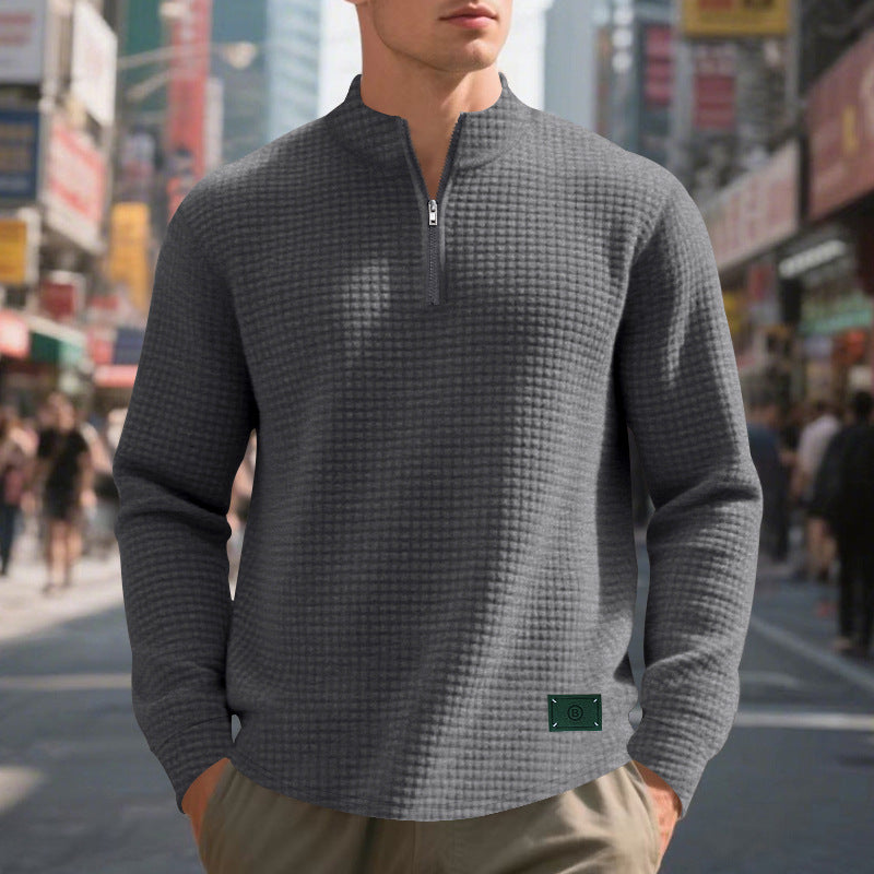 Herren nan lette vaffelstrik pullover med kort krave lynlås og rundet kant Skovae