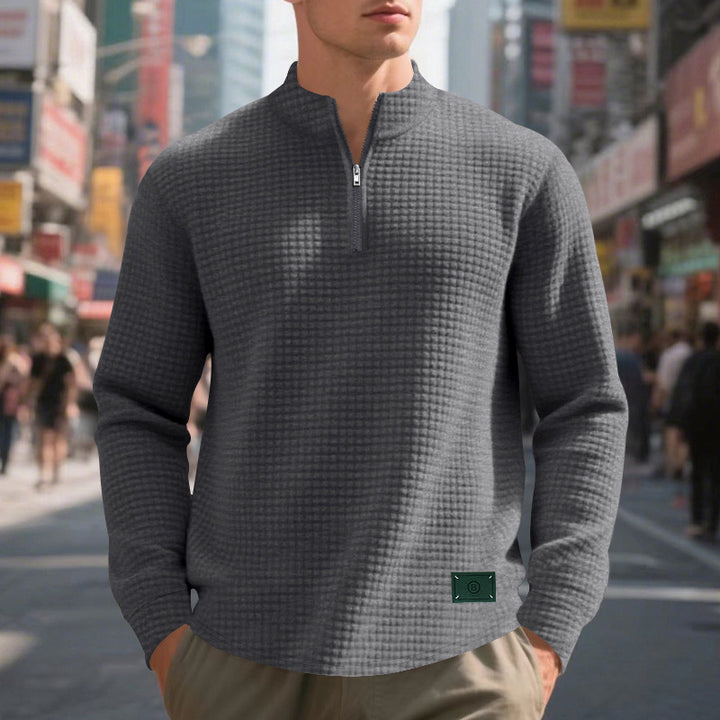 Herren nan lette vaffelstrik pullover med kort krave lynlås og rundet kant Skovae