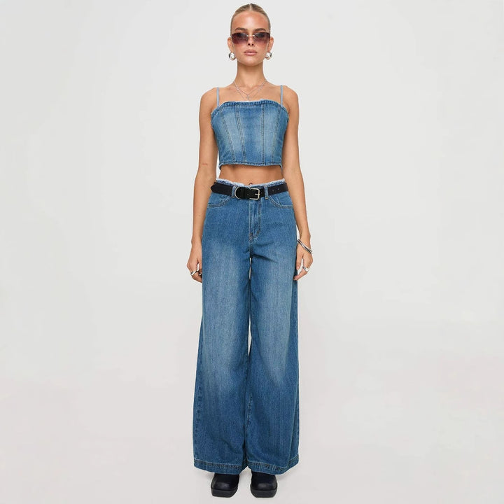 Dame brede High-Waist Jeans med frynset kant og elegant pasform Stilla