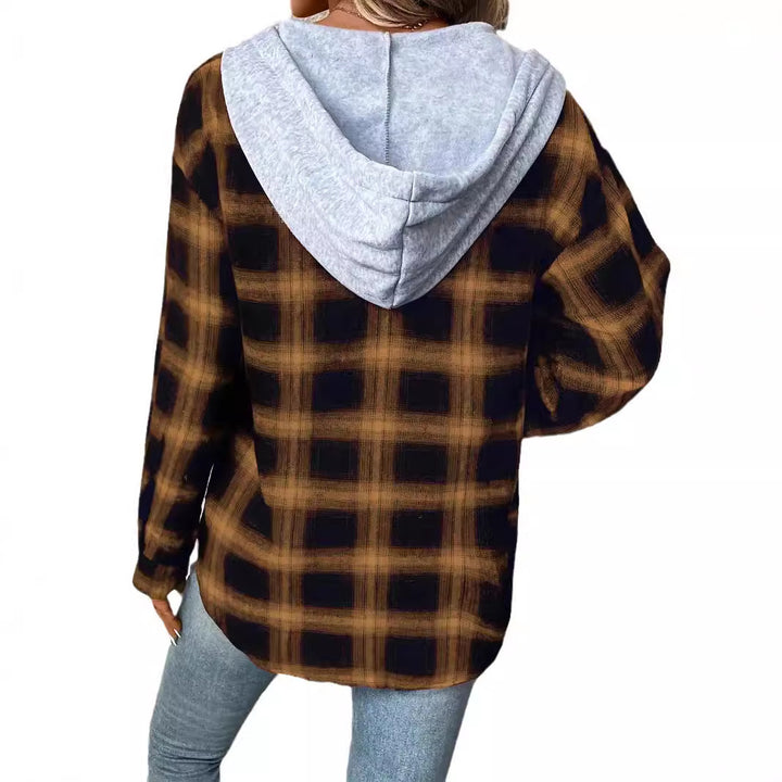 Dame afslappet flanneljakke med hætte og ternet mønster Stilla