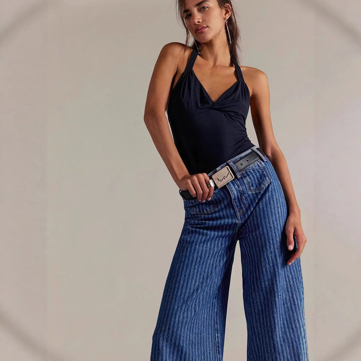 Damer elegante løstsiddende jeans med påsyede striber Skovae