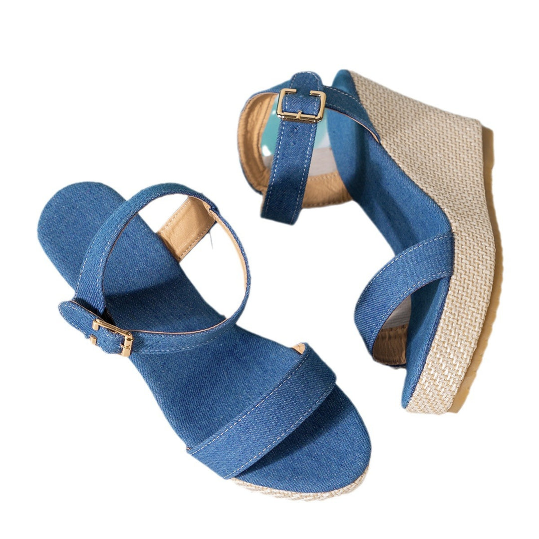 Dame nan Jeansbælte-Espadrille med justerbar ankelrem og fletet kilehælsko Skovae