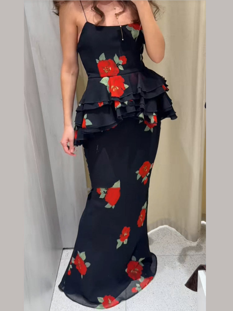 Dame maxikjole med voluminøse flæse detaljer og blomstret design Stilla