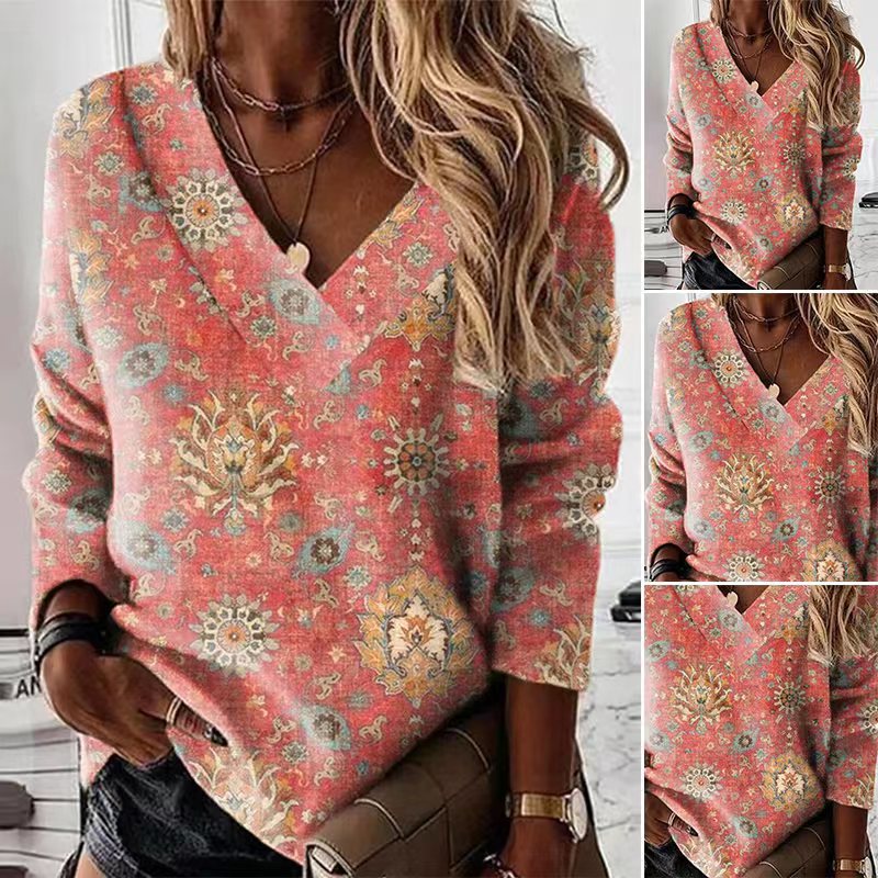 Dame V-hals sweater med blomsterprint Stilla